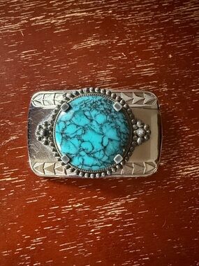 Turquoise Stone Silver-Tone Western Belt Buckle - Blue